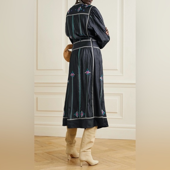 NEW Isabel Marant Caroline Embroidered Silk-satin Midi Dress Sz 36 Faded Black - Picture 4 of 16